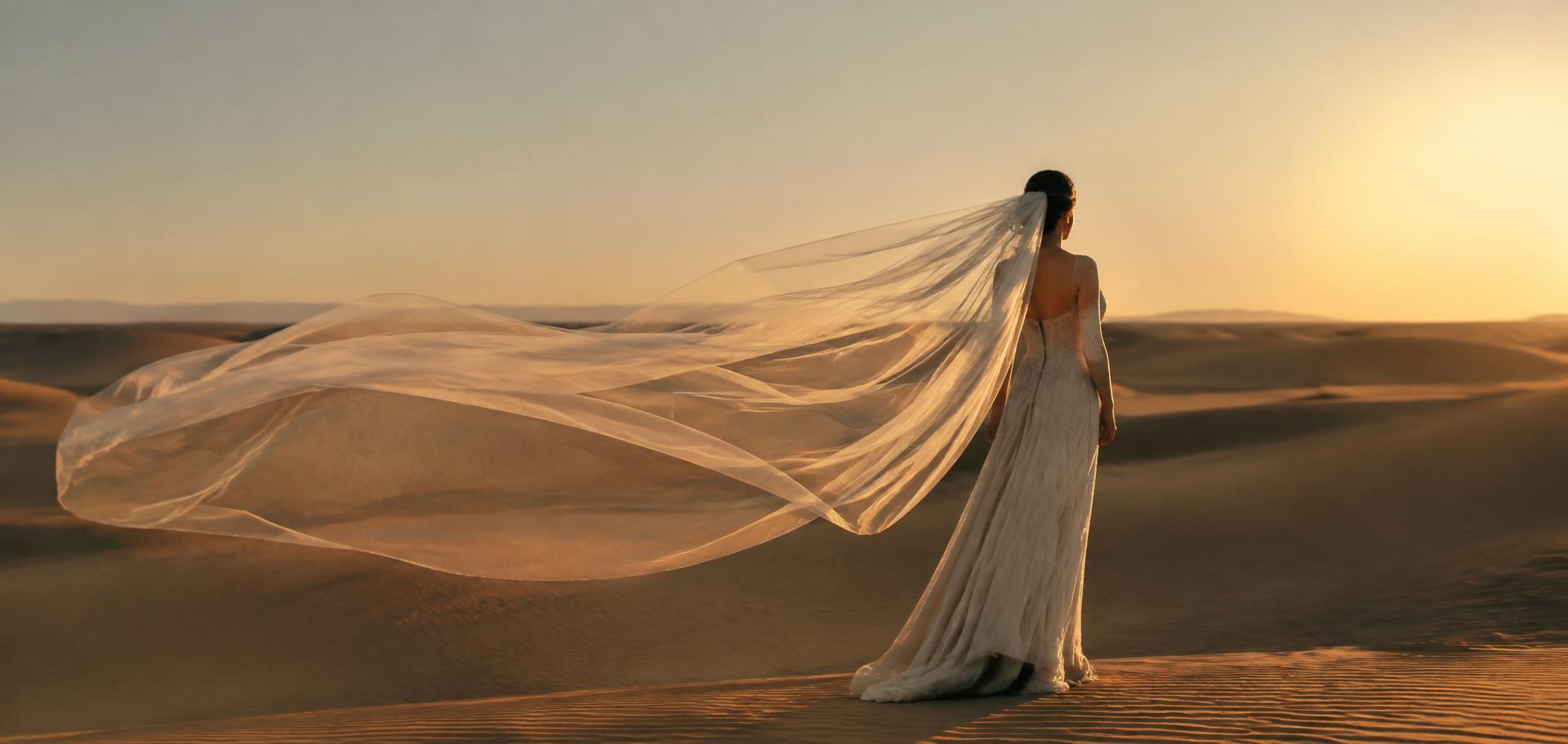 A bride’s veil catching the light over desert dunes